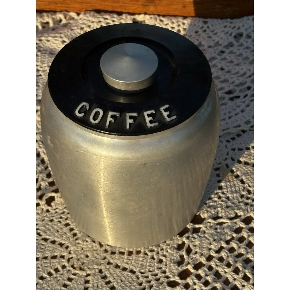 Vintage Kromex Spun Aluminum Coffee Canister With Black Plastic Lid Retro 50's